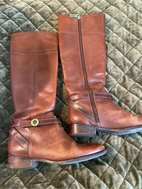 Tory Burch Chestnut Brown Leather Mid-Calf Riding Boots